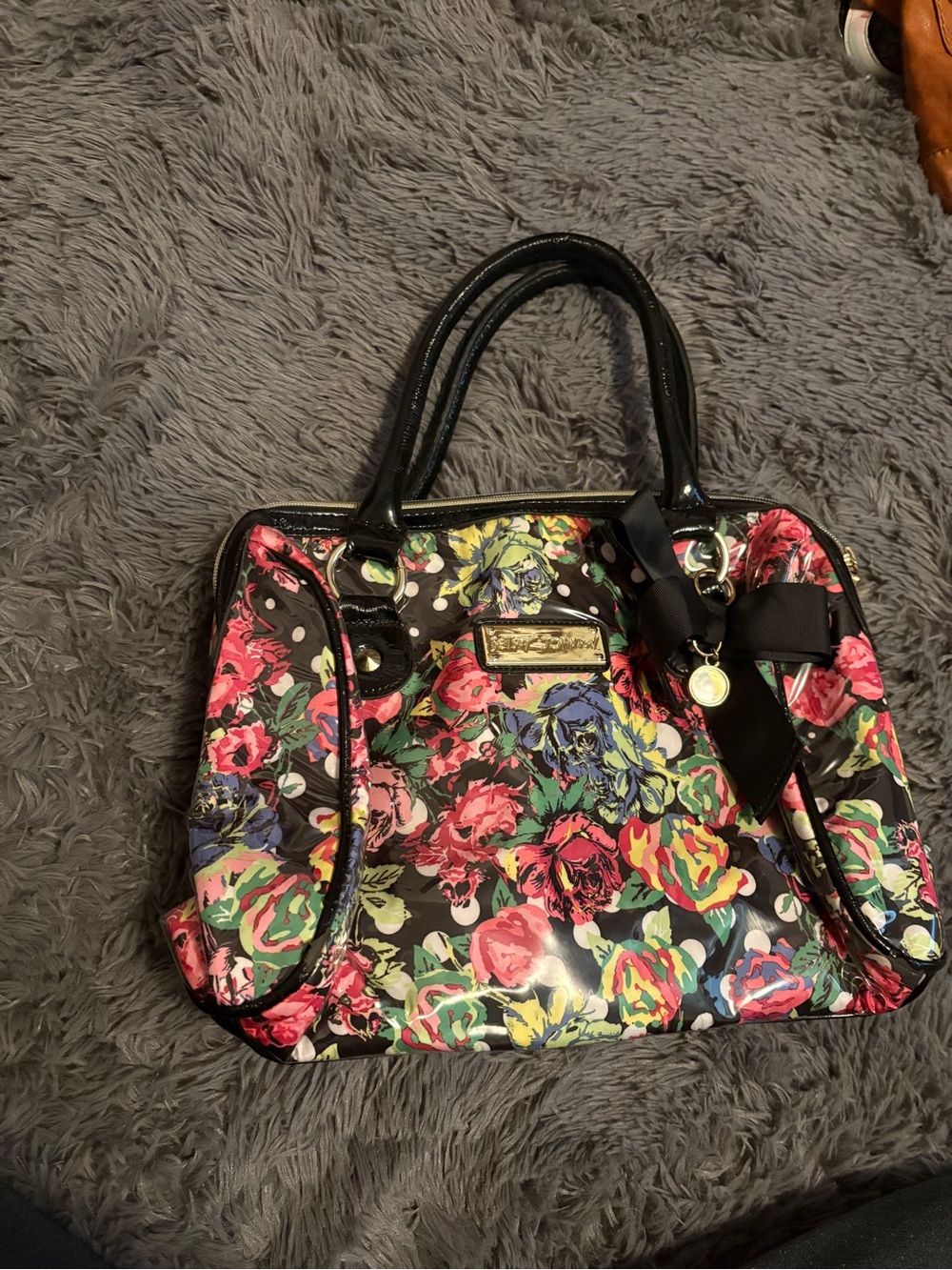Betsey Johnson Black Floral Satchel with Multicolor Roses